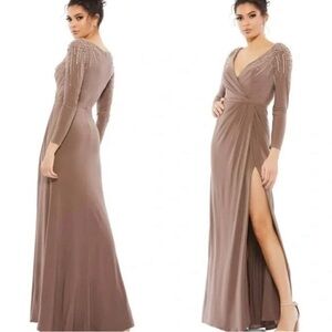 Mac Duggal Taupe Beaded-Shoulder Long Sleeve Maxi Dress